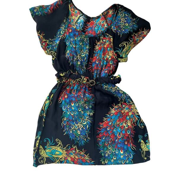 Rare Y2K 100% Silk Peacock Print Dress | Belted, Vintage Catwalk to Sidewalk, L - Picture 1 of 5